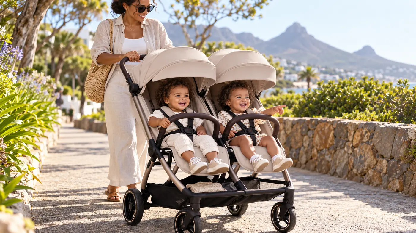 Illustrative scene of two children riding in an Ayla Twins stroller