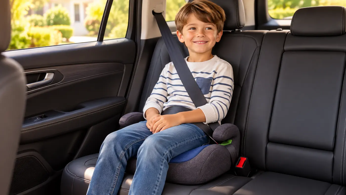 Illustrative scene of a child using a blue OHHO backless booster