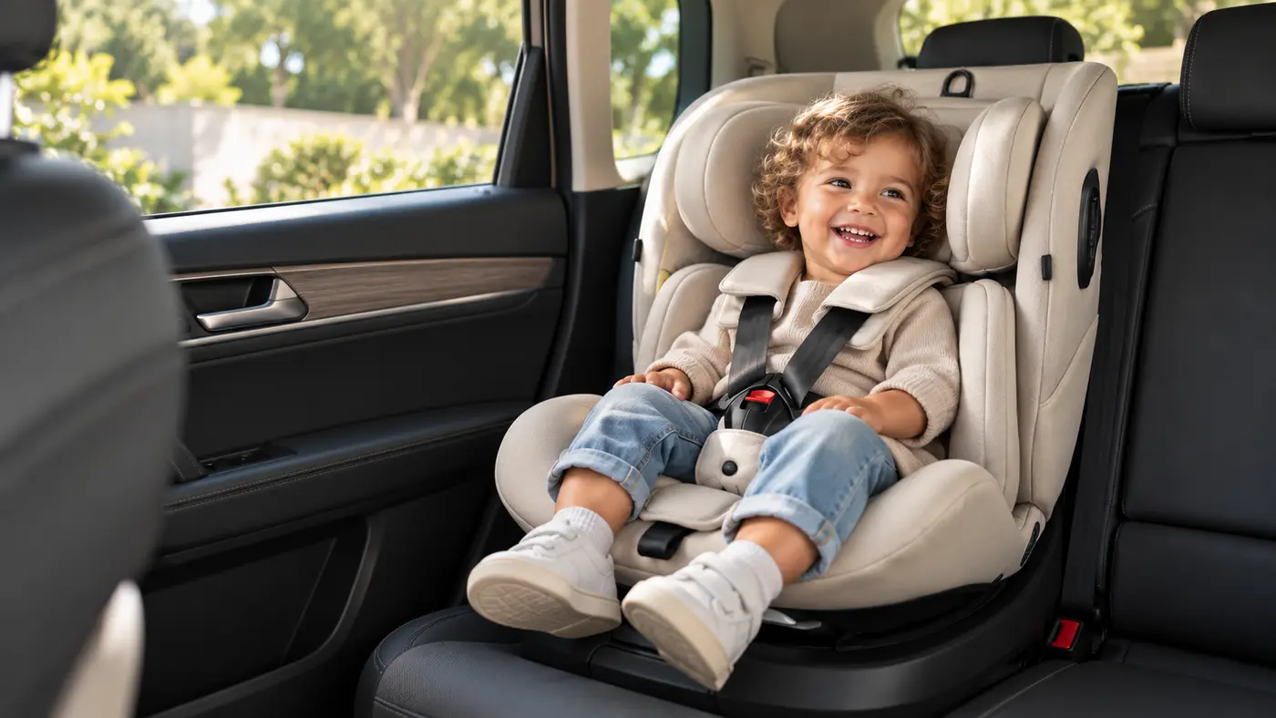 Illustrative scene of a child using a beige Ranger TT car seat
