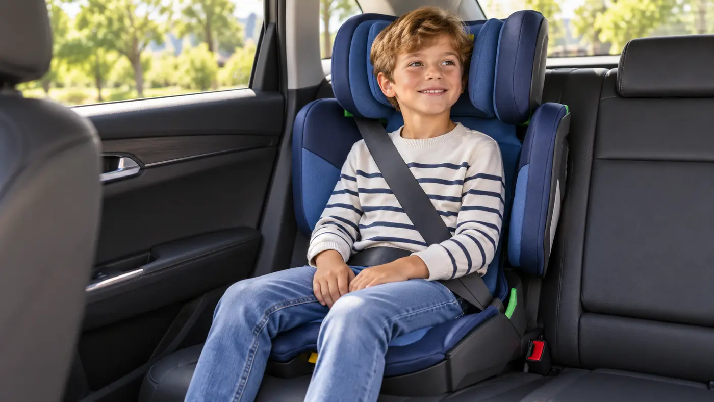 Illustrative scene of a child using a blue Rober high-back booster