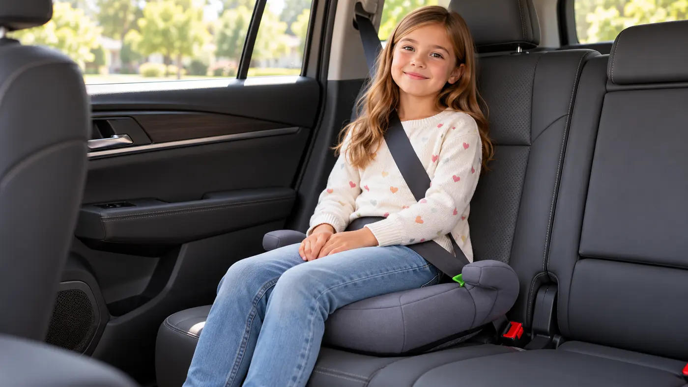 Illustrative scene of a child using a grey YOHO portable booster