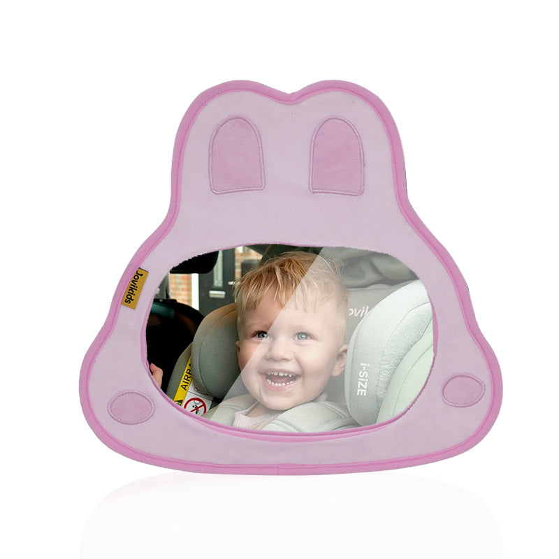 Baby reflected in the Jovikids Rabbit car seat mirror